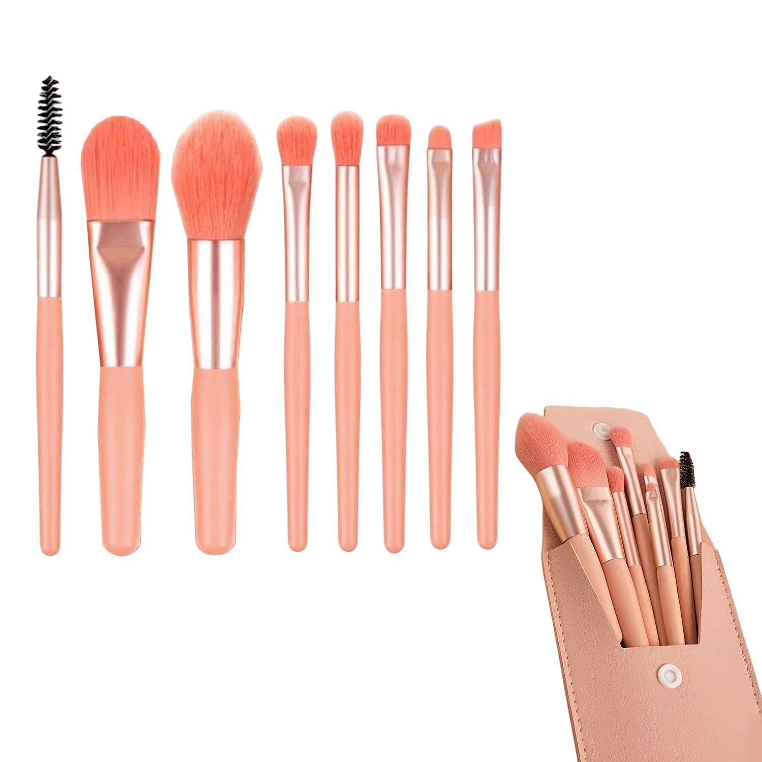 8 Pcs Travel Makeup Brush Set, Travel Makeup Brush Kit Mini Cosmetic Brushes Foundation Brush Blending Powder Blush Concealer Eye Make Up Brush with Bag, Pink